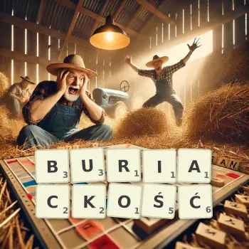 Kreatywna ilustracja do gry w Scrabble ze słowem BURIACKOŚĆ ułożonym z płytek na planszy.
