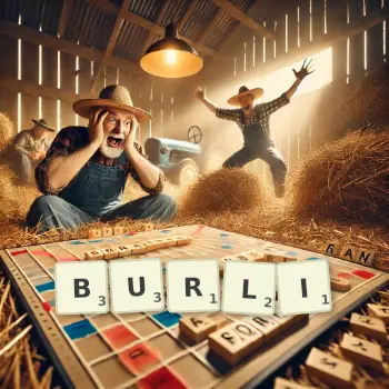 Kreatywna ilustracja do gry w Scrabble ze słowem BURLI ułożonym z płytek na planszy.