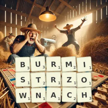 Kreatywna ilustracja do gry w Scrabble ze słowem BURMISTRZOWNACH ułożonym z płytek na planszy.
