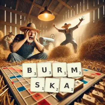 Kreatywna ilustracja do gry w Scrabble ze słowem BURMSKA ułożonym z płytek na planszy.