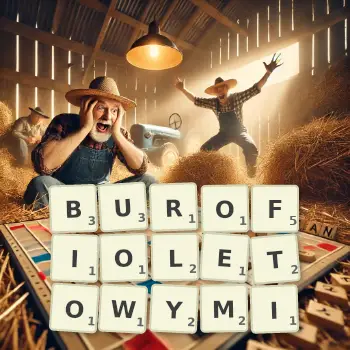 Kreatywna ilustracja do gry w Scrabble ze słowem BUROFIOLETOWYMI ułożonym z płytek na planszy.
