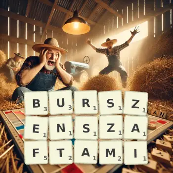 Kreatywna ilustracja do gry w Scrabble ze słowem BURSZENSZAFTAMI ułożonym z płytek na planszy.