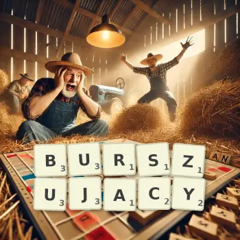 Kreatywna ilustracja do gry w Scrabble ze słowem BURSZUJACY ułożonym z płytek na planszy.