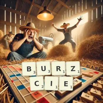Kreatywna ilustracja do gry w Scrabble ze słowem BURZCIE ułożonym z płytek na planszy.