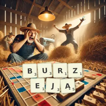 Kreatywna ilustracja do gry w Scrabble ze słowem BURZEJĄ ułożonym z płytek na planszy.