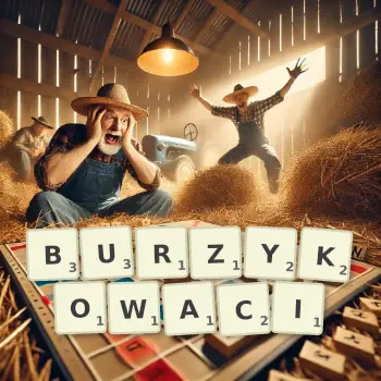 Kreatywna ilustracja do gry w Scrabble ze słowem BURZYKOWACI ułożonym z płytek na planszy.