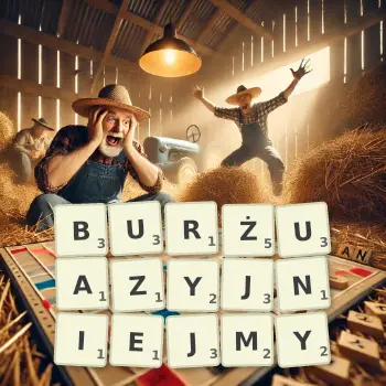 Kreatywna ilustracja do gry w Scrabble ze słowem BURŻUAZYJNIEJMY ułożonym z płytek na planszy.