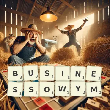 Kreatywna ilustracja do gry w Scrabble ze słowem BUSINESSOWYM ułożonym z płytek na planszy.