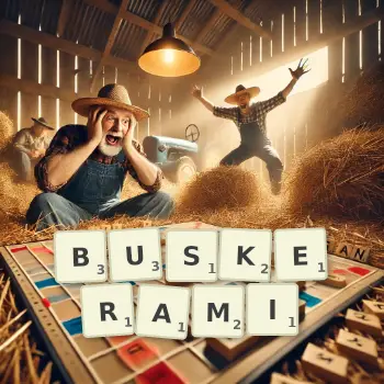 Kreatywna ilustracja do gry w Scrabble ze słowem BUSKERAMI ułożonym z płytek na planszy.