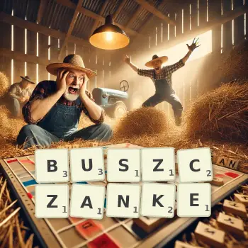 Kreatywna ilustracja do gry w Scrabble ze słowem BUSZCZANKE ułożonym z płytek na planszy.