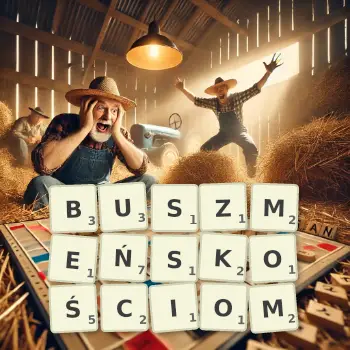 Kreatywna ilustracja do gry w Scrabble ze słowem BUSZMEŃSKOŚCIOM ułożonym z płytek na planszy.