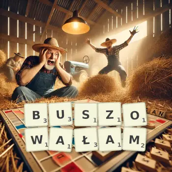 Kreatywna ilustracja do gry w Scrabble ze słowem BUSZOWAŁAM ułożonym z płytek na planszy.