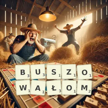 Kreatywna ilustracja do gry w Scrabble ze słowem BUSZOWAŁOM ułożonym z płytek na planszy.
