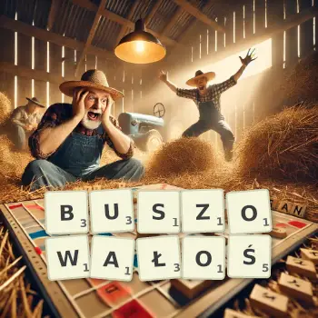 Kreatywna ilustracja do gry w Scrabble ze słowem BUSZOWAŁOŚ ułożonym z płytek na planszy.