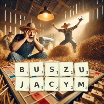 Kreatywna ilustracja do gry w Scrabble ze słowem BUSZUJĄCYM ułożonym z płytek na planszy.