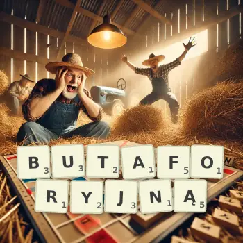 Kreatywna ilustracja do gry w Scrabble ze słowem BUTAFORYJNĄ ułożonym z płytek na planszy.