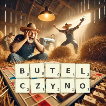 Kreatywna ilustracja do gry w Scrabble ze słowem BUTELCZYNO ułożonym z płytek na planszy.