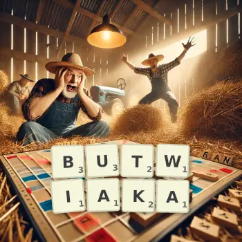 Kreatywna ilustracja do gry w Scrabble ze słowem BUTWIAKA ułożonym z płytek na planszy.
