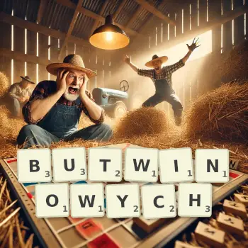 Kreatywna ilustracja do gry w Scrabble ze słowem BUTWINOWYCH ułożonym z płytek na planszy.
