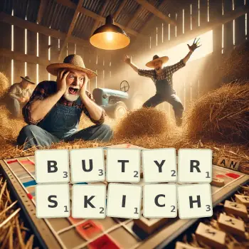 Kreatywna ilustracja do gry w Scrabble ze słowem BUTYRSKICH ułożonym z płytek na planszy.