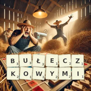 Kreatywna ilustracja do gry w Scrabble ze słowem BUŁECZKOWYMI ułożonym z płytek na planszy.