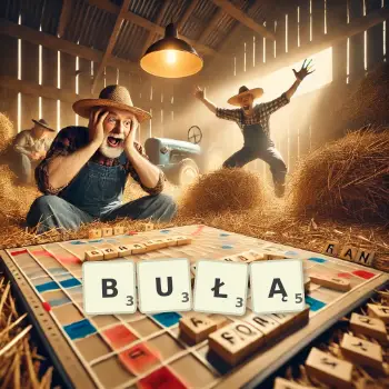 Kreatywna ilustracja do gry w Scrabble ze słowem BUŁĄ ułożonym z płytek na planszy.