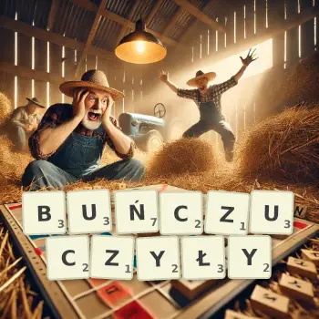 Kreatywna ilustracja do gry w Scrabble ze słowem BUŃCZUCZYŁY ułożonym z płytek na planszy.