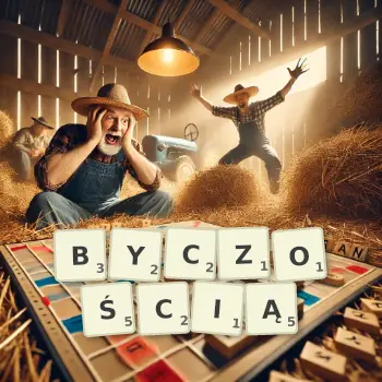 Kreatywna ilustracja do gry w Scrabble ze słowem BYCZOŚCIĄ ułożonym z płytek na planszy.