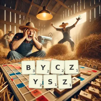 Kreatywna ilustracja do gry w Scrabble ze słowem BYCZYSZ ułożonym z płytek na planszy.