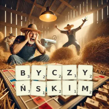 Kreatywna ilustracja do gry w Scrabble ze słowem BYCZYŃSKIM ułożonym z płytek na planszy.