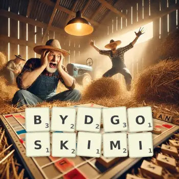 Kreatywna ilustracja do gry w Scrabble ze słowem BYDGOSKIMI ułożonym z płytek na planszy.