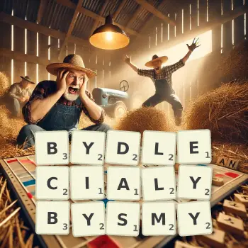 Kreatywna ilustracja do gry w Scrabble ze słowem BYDLECIALYBYSMY ułożonym z płytek na planszy.