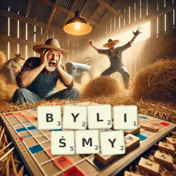 Kreatywna ilustracja do gry w Scrabble ze słowem BYLIŚMY ułożonym z płytek na planszy.