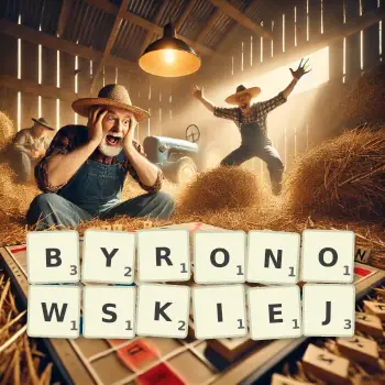 Kreatywna ilustracja do gry w Scrabble ze słowem BYRONOWSKIEJ ułożonym z płytek na planszy.