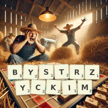 Kreatywna ilustracja do gry w Scrabble ze słowem BYSTRZYCKIM ułożonym z płytek na planszy.
