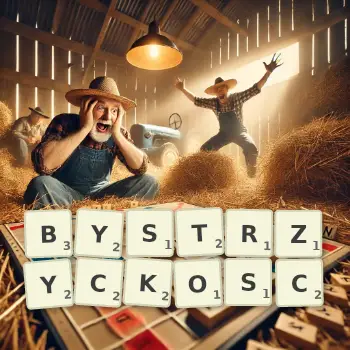 Kreatywna ilustracja do gry w Scrabble ze słowem BYSTRZYCKOSC ułożonym z płytek na planszy.