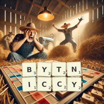 Kreatywna ilustracja do gry w Scrabble ze słowem BYTNICCY ułożonym z płytek na planszy.