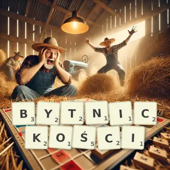 Kreatywna ilustracja do gry w Scrabble ze słowem BYTNICKOŚCI ułożonym z płytek na planszy.