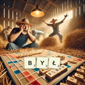 Kreatywna ilustracja do gry w Scrabble ze słowem BYŁ ułożonym z płytek na planszy.