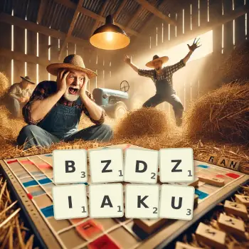 Kreatywna ilustracja do gry w Scrabble ze słowem BZDZIAKU ułożonym z płytek na planszy.