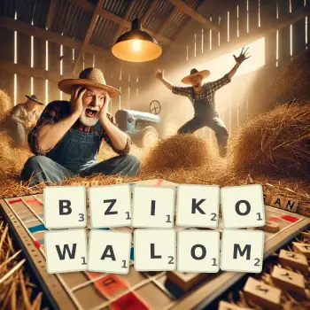 Kreatywna ilustracja do gry w Scrabble ze słowem BZIKOWALOM ułożonym z płytek na planszy.
