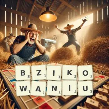 Kreatywna ilustracja do gry w Scrabble ze słowem BZIKOWANIU ułożonym z płytek na planszy.