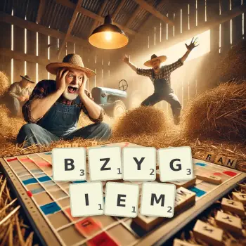 Kreatywna ilustracja do gry w Scrabble ze słowem BZYGIEM ułożonym z płytek na planszy.