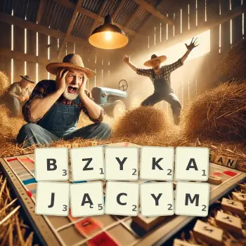 Kreatywna ilustracja do gry w Scrabble ze słowem BZYKAJĄCYM ułożonym z płytek na planszy.