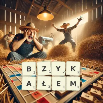 Kreatywna ilustracja do gry w Scrabble ze słowem BZYKAŁEM ułożonym z płytek na planszy.