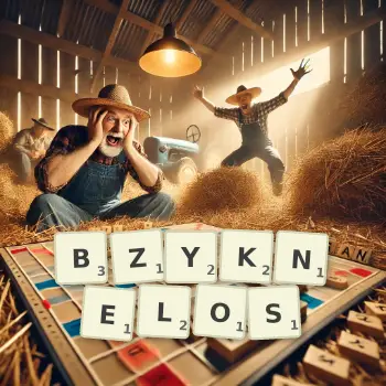 Kreatywna ilustracja do gry w Scrabble ze słowem BZYKNELOS ułożonym z płytek na planszy.