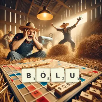 Kreatywna ilustracja do gry w Scrabble ze słowem BÓLU ułożonym z płytek na planszy.
