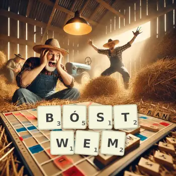 Kreatywna ilustracja do gry w Scrabble ze słowem BÓSTWEM ułożonym z płytek na planszy.