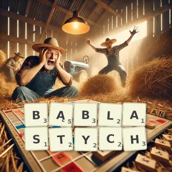 Kreatywna ilustracja do gry w Scrabble ze słowem BĄBLASTYCH ułożonym z płytek na planszy.
