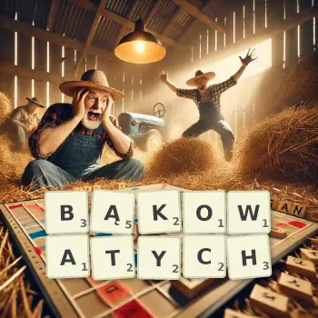 Kreatywna ilustracja do gry w Scrabble ze słowem BĄKOWATYCH ułożonym z płytek na planszy.